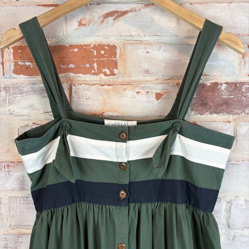 THE GREAT Horizon Dress Green Olive Stripe Cotton Tie Strap Maxi Dress Size 1 - Picture 4 of 12